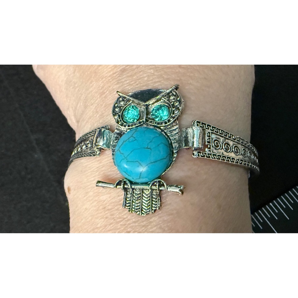 Owl Link Bracelet Silver Tone Faux Turquoise Stone Boho Rhinestone Whimsical Art